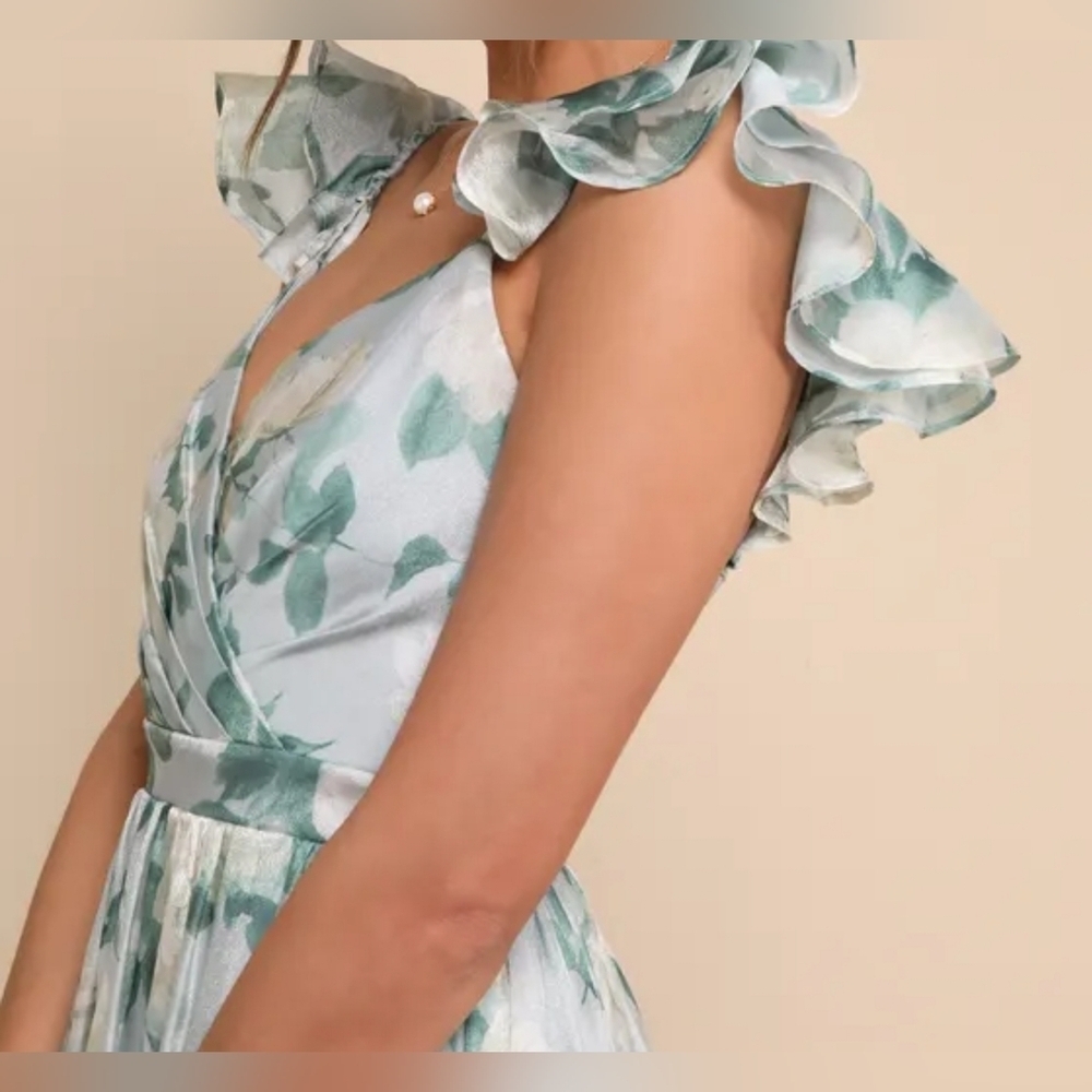 Lulus Soiree Perfection Light Blue & Green Floral Ruffled Tiered Maxi Dress, L - Picture 5 of 12